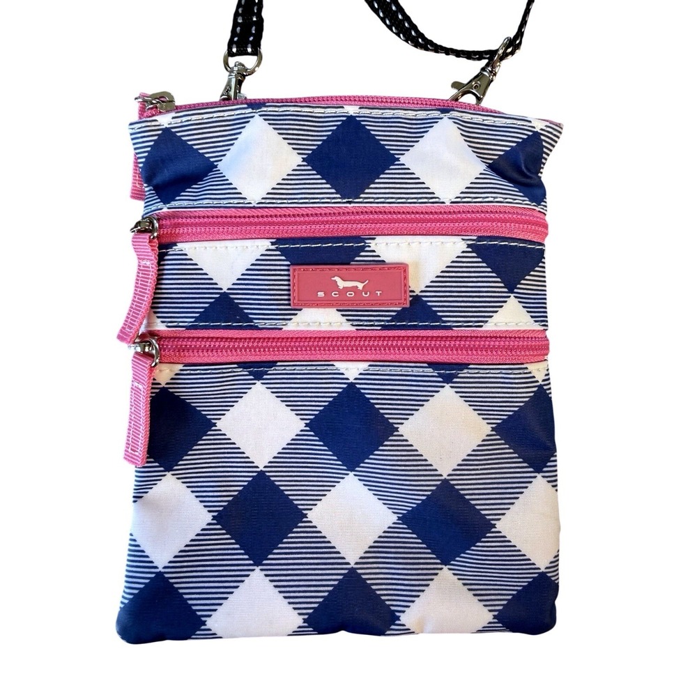 Scout Sally Go Lightly Crossbody Bag Navy Plaid Pink Trim 8 x 6.5 Nylon